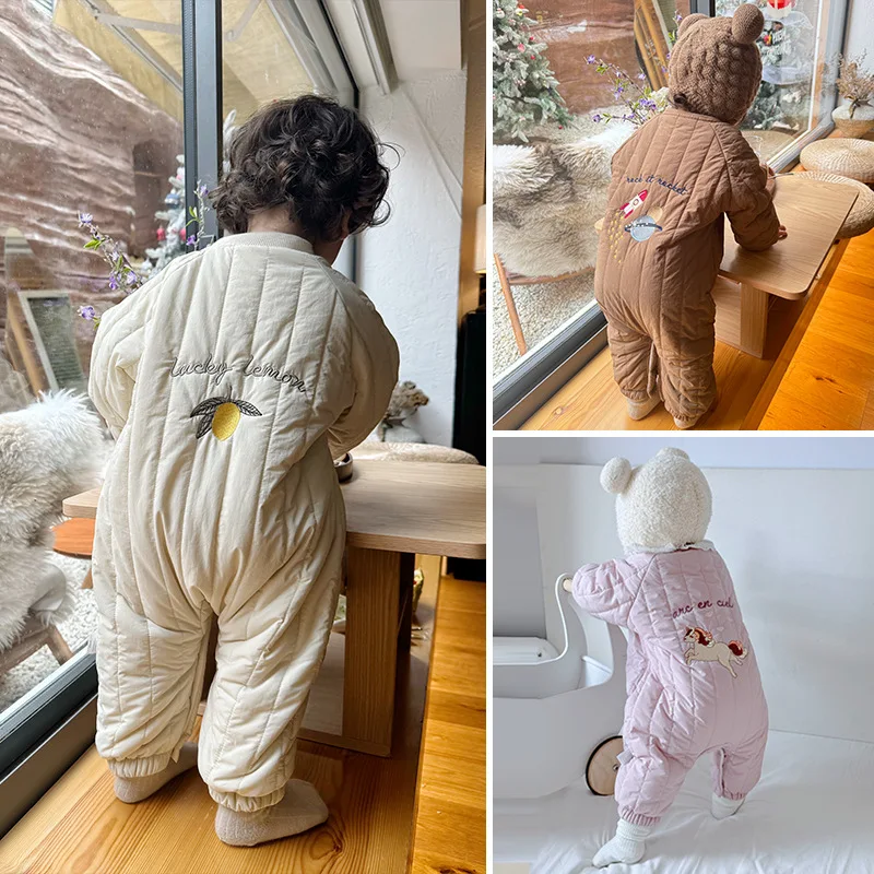 Baby Crawler Clothing 2025 Winter New Pink Cartoon Cute Thick Warm Children's jumpsuit Cotton Embroidery Windproof Baby Coat