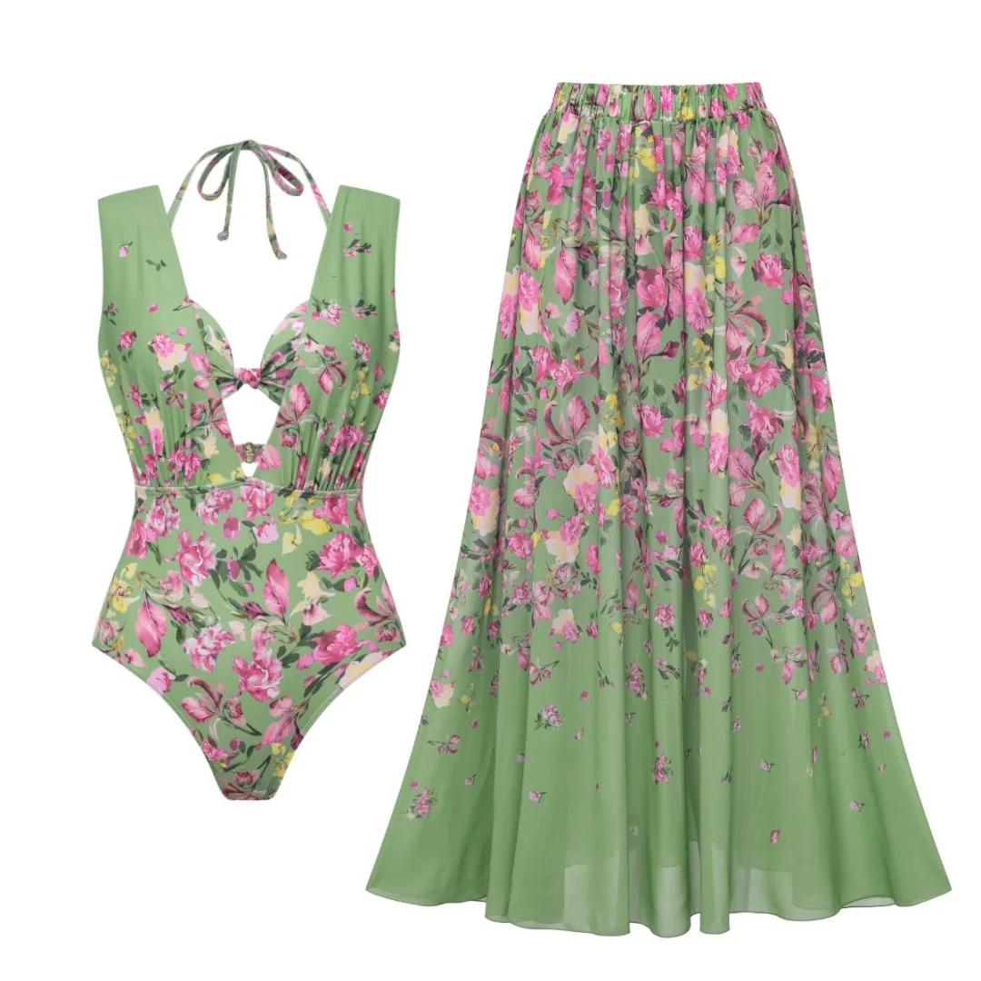 Deep V 2Pcs Swimsuit Women Sexy Bikini Bandeau Biquini Female Swimwear Push Up Swim Suit Long Skirt Print Bathingsuit Beachwear