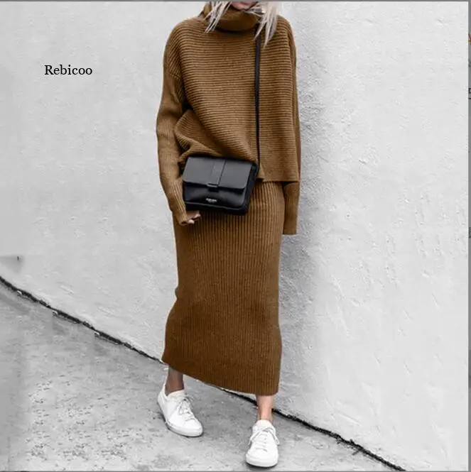 Knitted Suit Autumn Women Pullovers Sweater Crop Tops & Knitted Skirts 2 Pieces Set Warm Solid Office Lady Sweater Sets