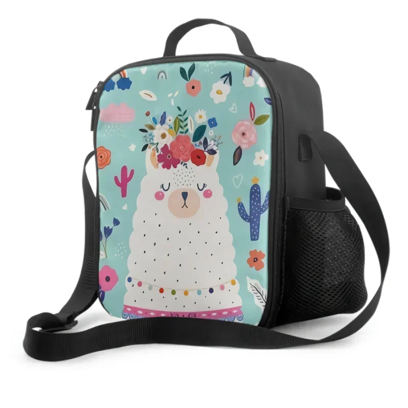 

3D cute baby alpaca llama with spring floral wreath cactus insulated lunch box cooler bag washable leakproof portable tote bag