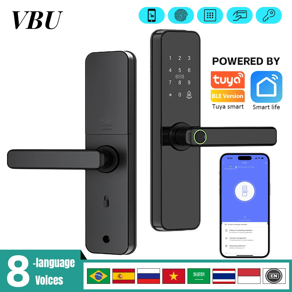 قفل باب ذكي ببصمة الإصبع من VBU، تطبيق Tuya، فتح عن بعد، إنذار العبث، قفل الباب الإلكتروني يعمل مع مساعد Alexa Google