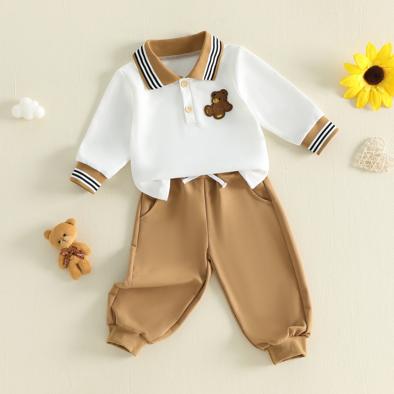 1-4Y Toddler Baby Boys Fall Winter Outfit Fashion Long Sleeve Bear Embroidery Lapel Pullover Sweatshirt Pants 2Pcs Set