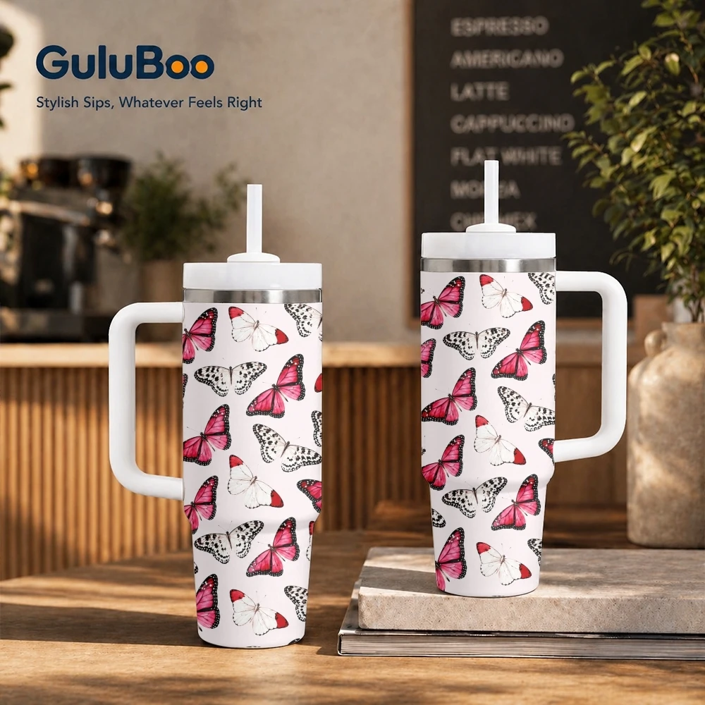 Pastel Butterfly Graphics Vacuum Flasks 40oz Stainless Steel Insulated Tumbler With Handle & Straw Leakproof Travel Mug