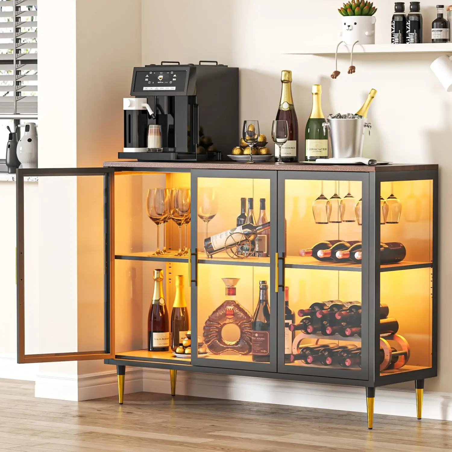 Metal Wine Bar Cabinet with LED Lights & Glass Doors 47