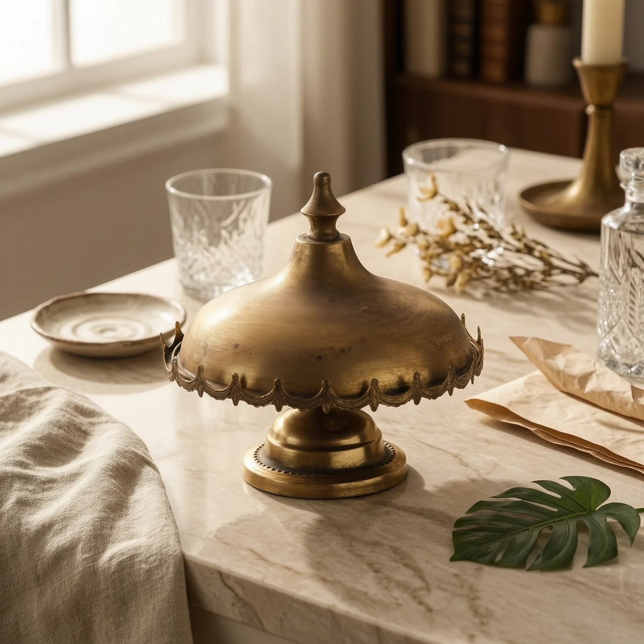 Pedestal Tray with Scalloped Edge Vintage-Inspired Metal Pedestal Stand Display Riser Fluted Elevated for Decorators