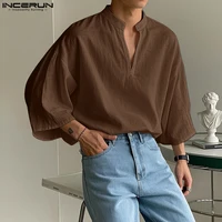 INCERUN Tops 2025 estilo coreano moda hombres cuello alto manga tres cuartos diseño camisa Casual ropa de calle blusa Simple sólida