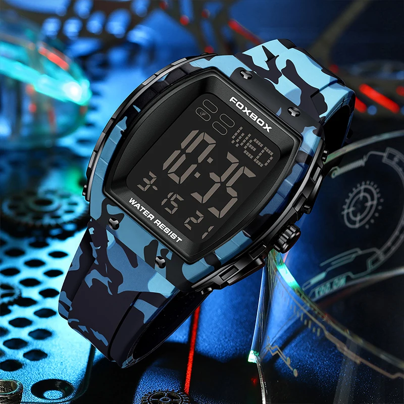 패션 디지털 시계 군사 스포츠 달력 실리콘 스트랩 남자 시계 LED 빛나는 방수 크로노 그래프 시계 남자