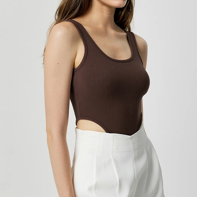 Sexy Low Cut U-Neck  Vest Women's Summer High Slit Waist Baring Street Style Form Fit Tank Top in Pure Color