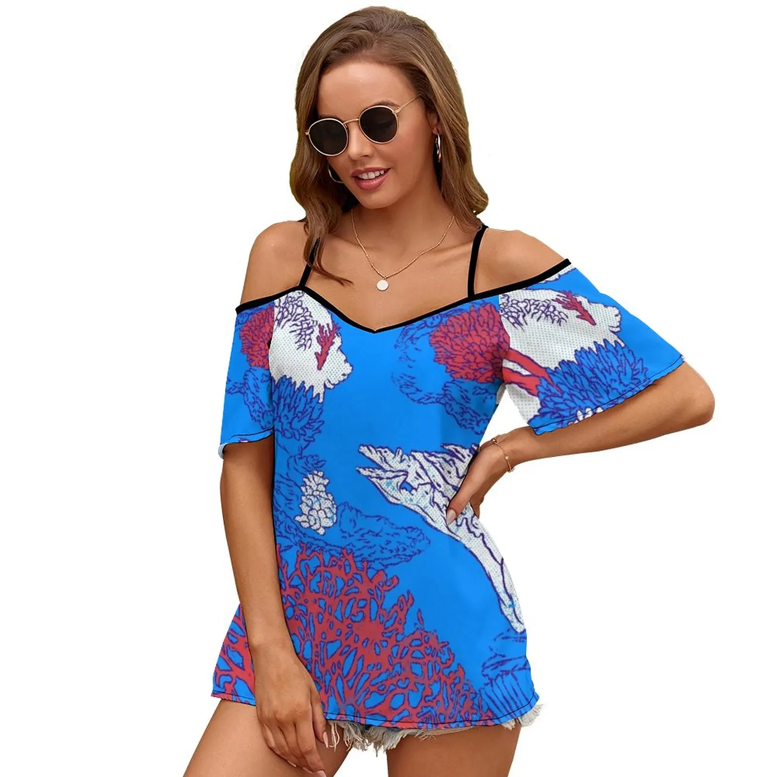 Coral Reef 2185 Women Print T Shirt Casual Off Shoulder Loose Pullover Tops Fashion Clothes Corals Coral Reef Sea Blue Red