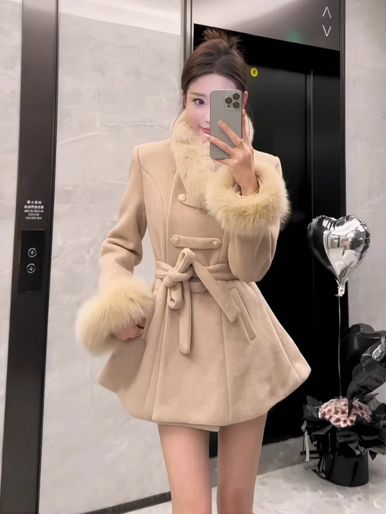 

2025 New Overcoat Fall/Winter Women Tops Wool Blends Coat French Elegant Fur Collar O Neck Long Sleeve Lace-Up Thick Warm Jacket