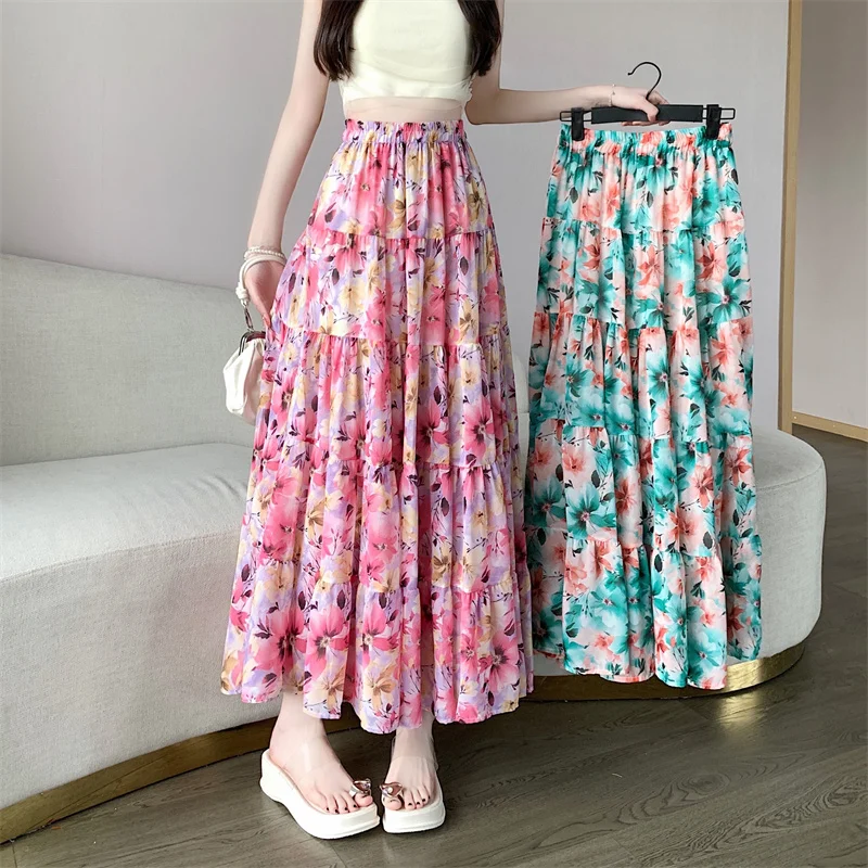 

Ele Chiffon Floral f Skirt Women's Summer Loose Hip Covering Midi Skirt Pleated A-Line Long Dr Sweet Sle