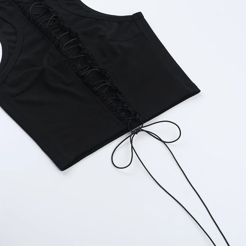 Femmes Sexy évider à lacets débardeur culture hauts 2025 été col rond sans manches champignon bord gilets maigres mode t-shirts occasionnels Clubwear