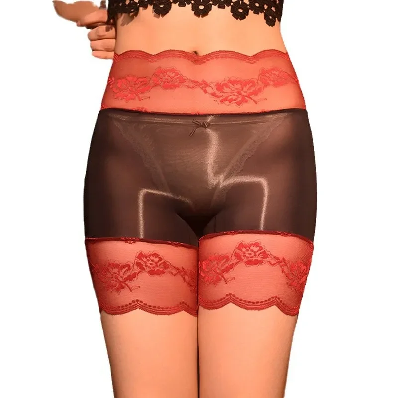 ผู้ชายและผู้หญิงกางเกงนักมวยน้ํามัน SHINY Glossy Smooth ชุดชั้นในลูกไม้เอวสูงไม่มีรอยต่อเปิด Crotch Underpants