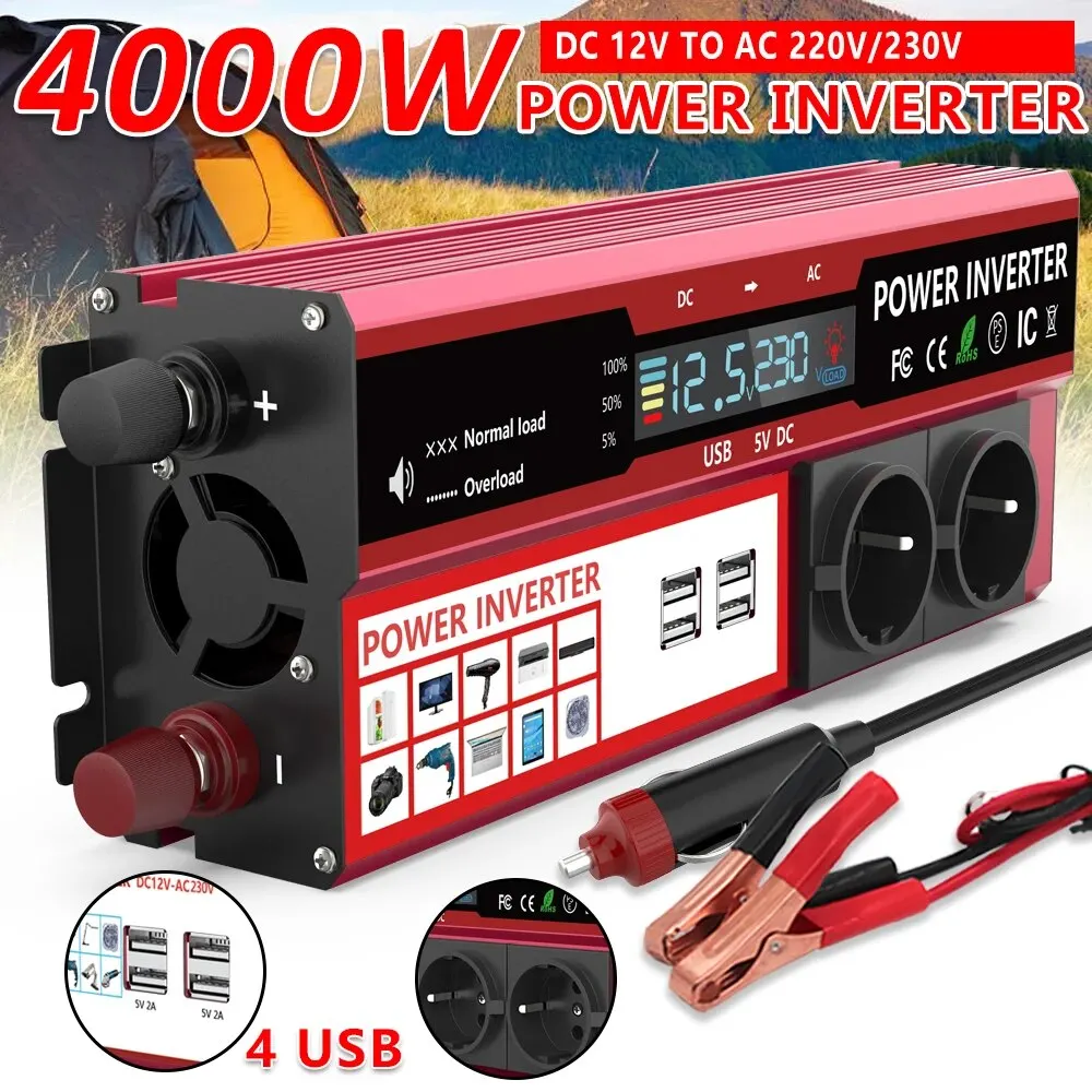 4000w 3000w電源インバーターdc 12v to ac 220v 230v変圧器4 usb euソケット充電付きledディスプレイrv電話車用