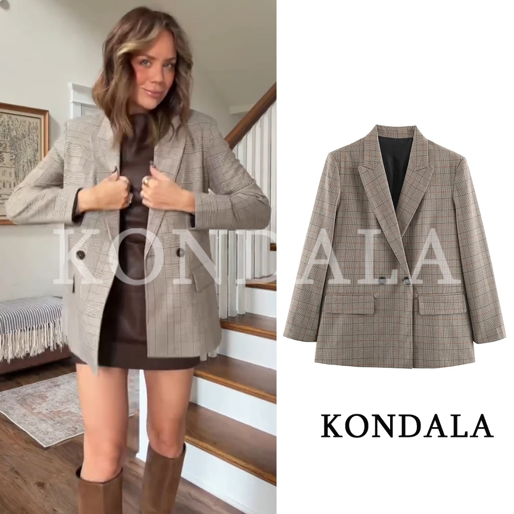 KONDALA Women Classic Commute Plaid Blazer Elegant Chic Leisure Double-breasted Blazer New 2026 Autumn Trendy Office Lady Blazer