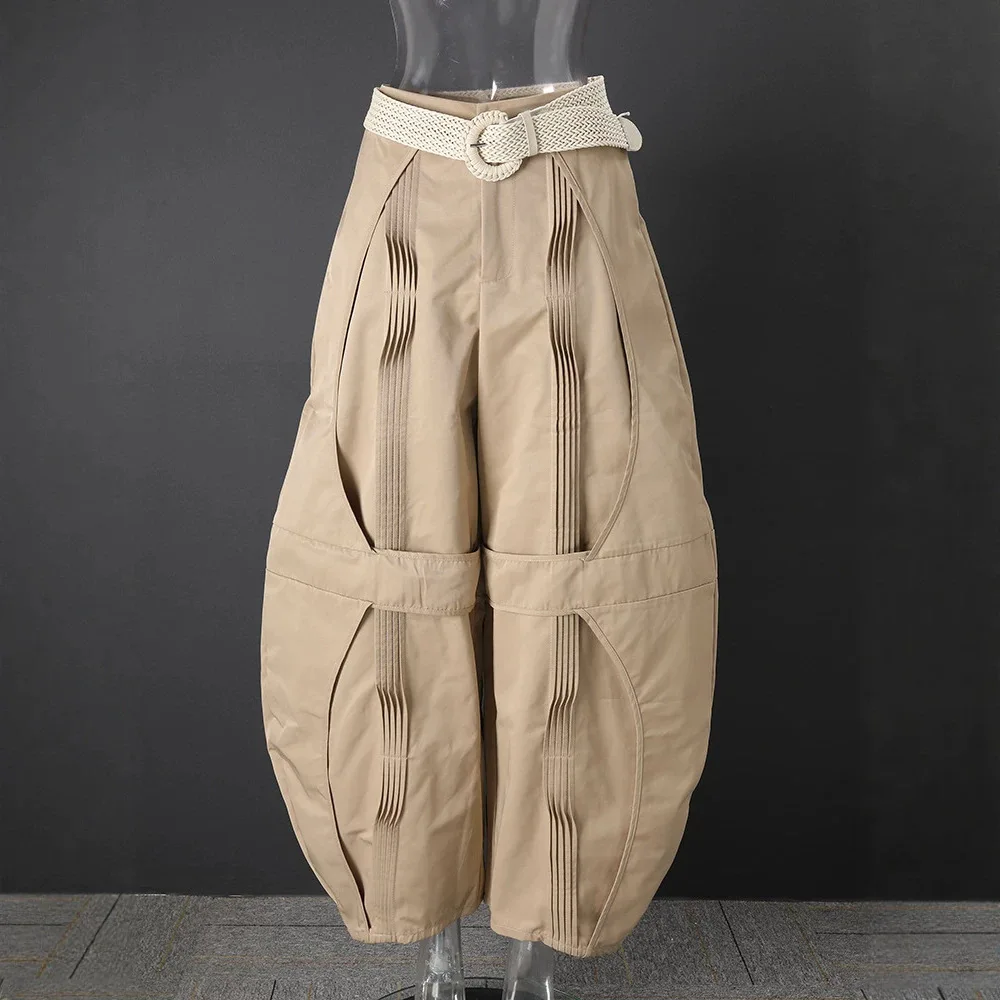SuperAen Khaki-colored Folds Design Flowered Full Length Wide-leg Pants 2026 Autumn New High Waistband Braided Belt Loose Pants