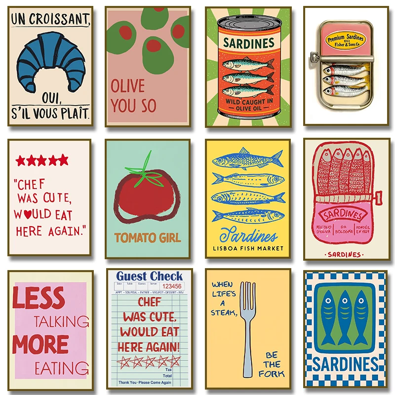 1pc frameless Canvas Painting Olive Croissant Sardines Chef Was Cute Funny Restaurant Guest Check Review Poster Canvas Painting