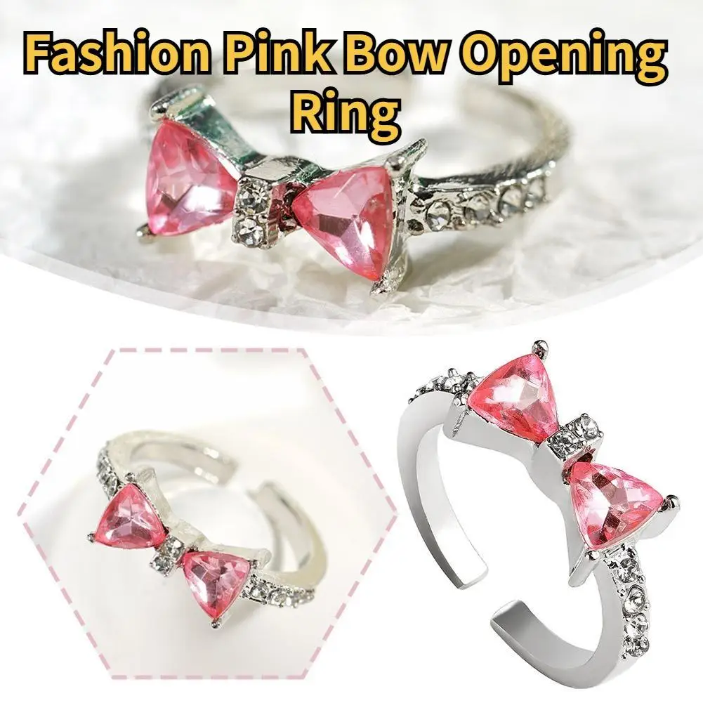 Fashion Pink Bow Opening Lovely Pink Bowknot Design Women's Pink Diamond French Exquisite Micro Inlaid Adjustable