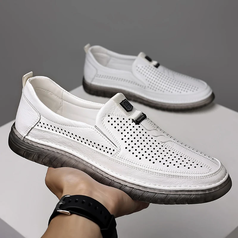 

Summer New White Perforated Male Soft Sole Loafers Breathable Leather Shoes Mens Slip on Shoes Genuine Leather Male Casual Shoes