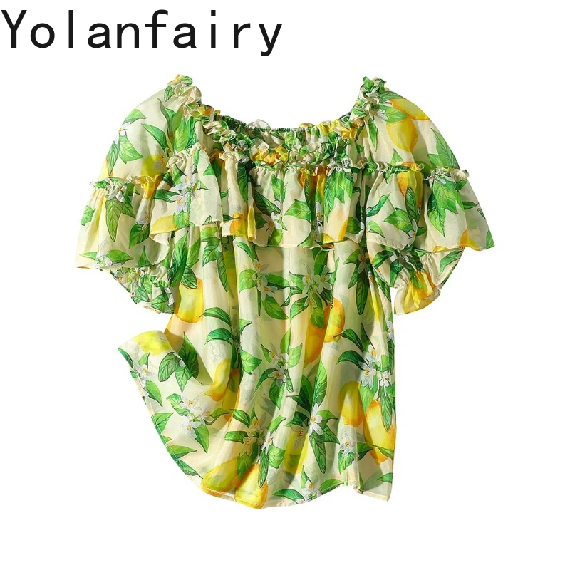 YOLANFAIRY 100% Real Mulberry Silk T Shirts Woman Summer Elegant Off-the-shoulder Womens Top Sweet Ruffle Tee Shirt Femme 2025