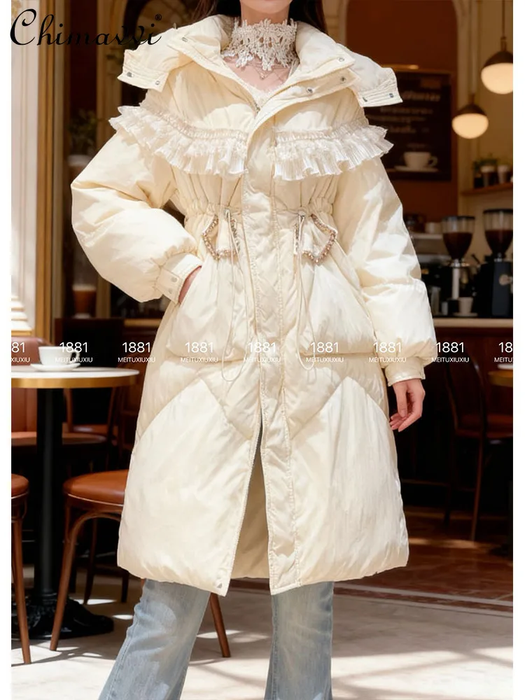 Doudoune mi-longue douce pour femme, manteau d'hiver en duvet de canard, artisanat lourd, luxe européen, strass, dentelle, volants, épissage, nouvelle collection