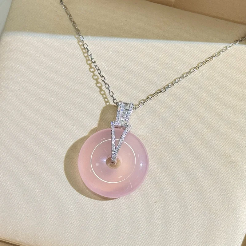 

S925Sterling Silver National Style Rose Chalcedony Peace Buckle High Ice Jade Pendant Necklace Light Luxury Minority Diamond Jew