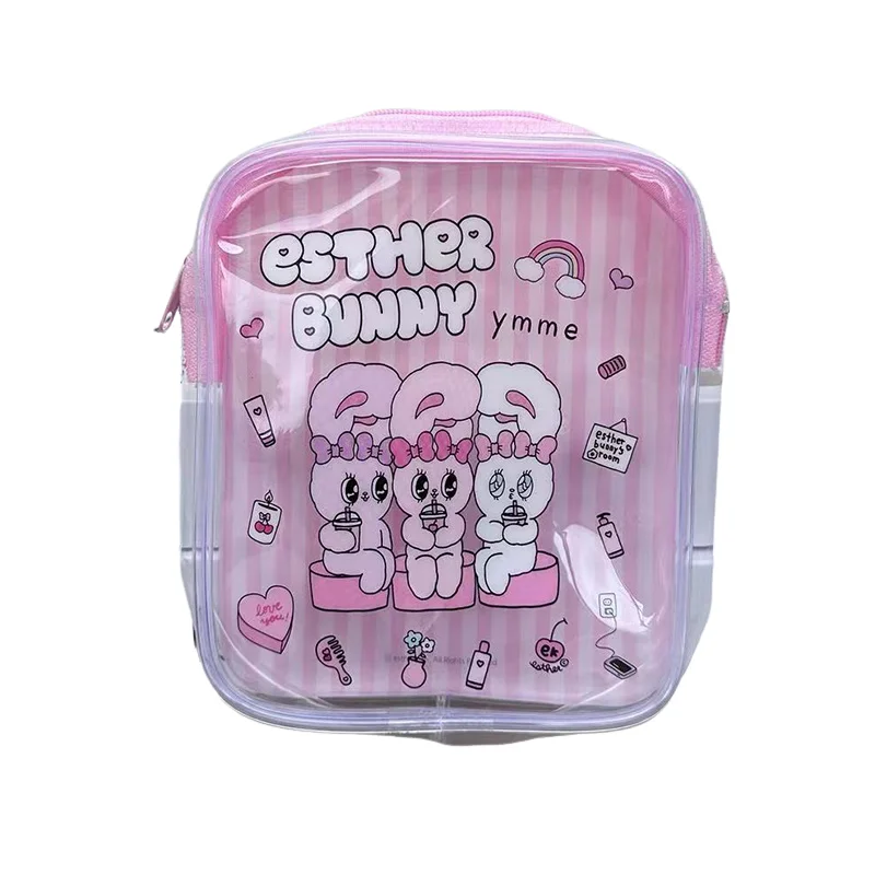Cute Esther Bunny Transparent Makeup Bag Pink Stripes Pvc Cosmetics Storage Bag Go Out Travel Portable Toiletry Bag Friend Gift view 6