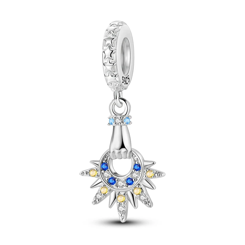 Original 925 Sterling Silver Sun Moon Charms Beads CZ Zircon Dangle For Women Fine DIY Birthday Jewelry Gifts