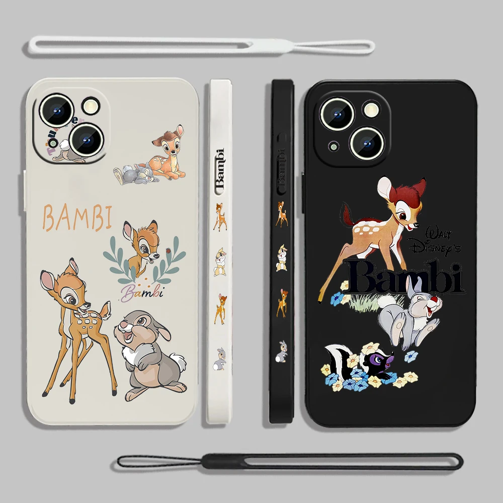 Disney Bambi Cartoon For iPhone 15 14 13 12 11 Pro Max 8 7 Plus XR XS X Liquid Left Rope Phone Case