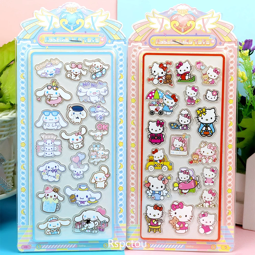 4pcs Kawaii Sanrio Acryl 3D Relief Stickers Esthetische Anime Decals Speelgoed Waterdicht Cinnamoroll My Melody Kuromi Sticker