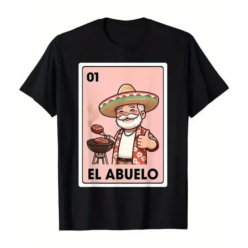 Vintage Mexican Bingo Card Graphic T-Shirt Featuring El Abuelo Grilling Grandpa Design Perfect for Themed Parties and Casual Wear