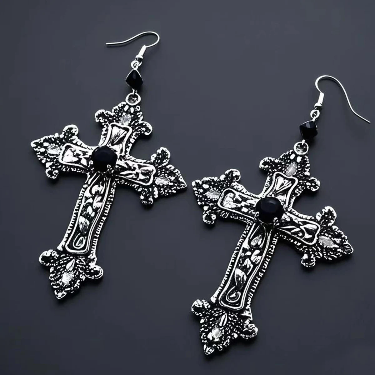 Goth Large Detailed Cross Black Drill Jewel Earrings Silver Color Gothic Punk Jewellery Fashion Gorgeous Statement Women Gift image 2