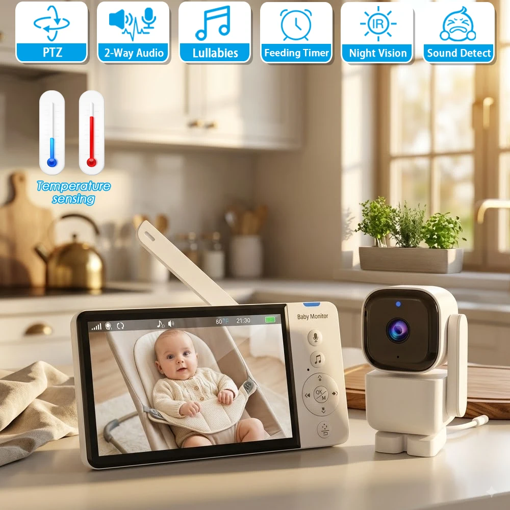 Smart Baby Security 5 Inch Video Baby Monitor with PTZ Camera Two Way Audio Full Color Night Vision Motion Detection VOX Mode