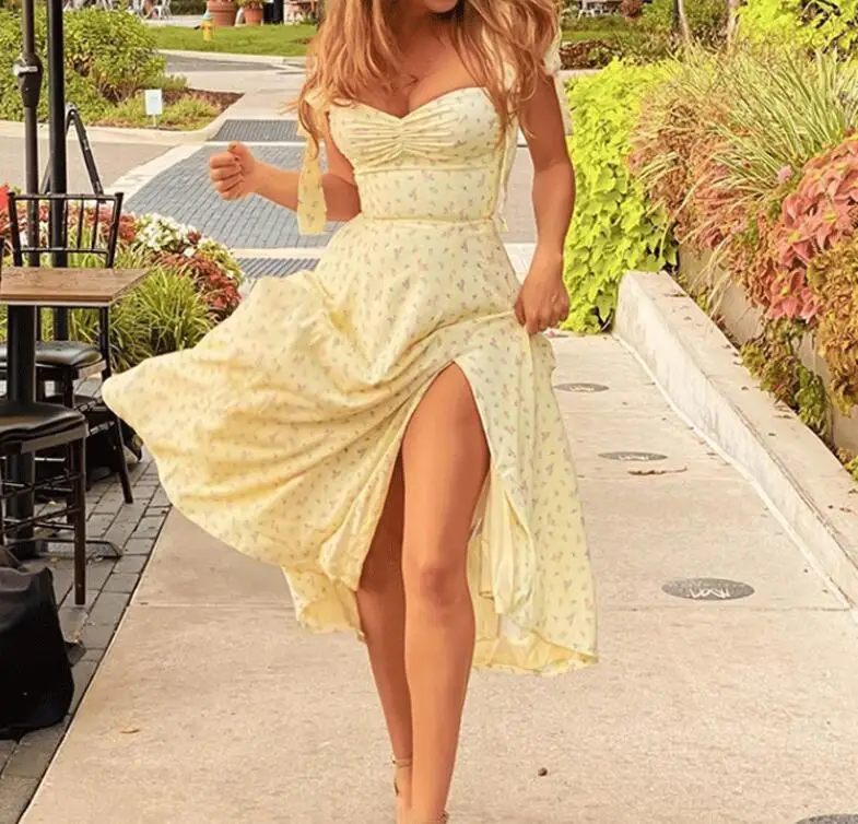 ชุดเดรสลายดอกไม้ยาวปานกลาง สไตล์เซ็กซี่ ผ่าข้าง มีสายคาดเอว ดีไซน์ทันสมัย เหมาะสำหรับใส่ไปทำงาน ทรงเอไลน์ เอวสูง