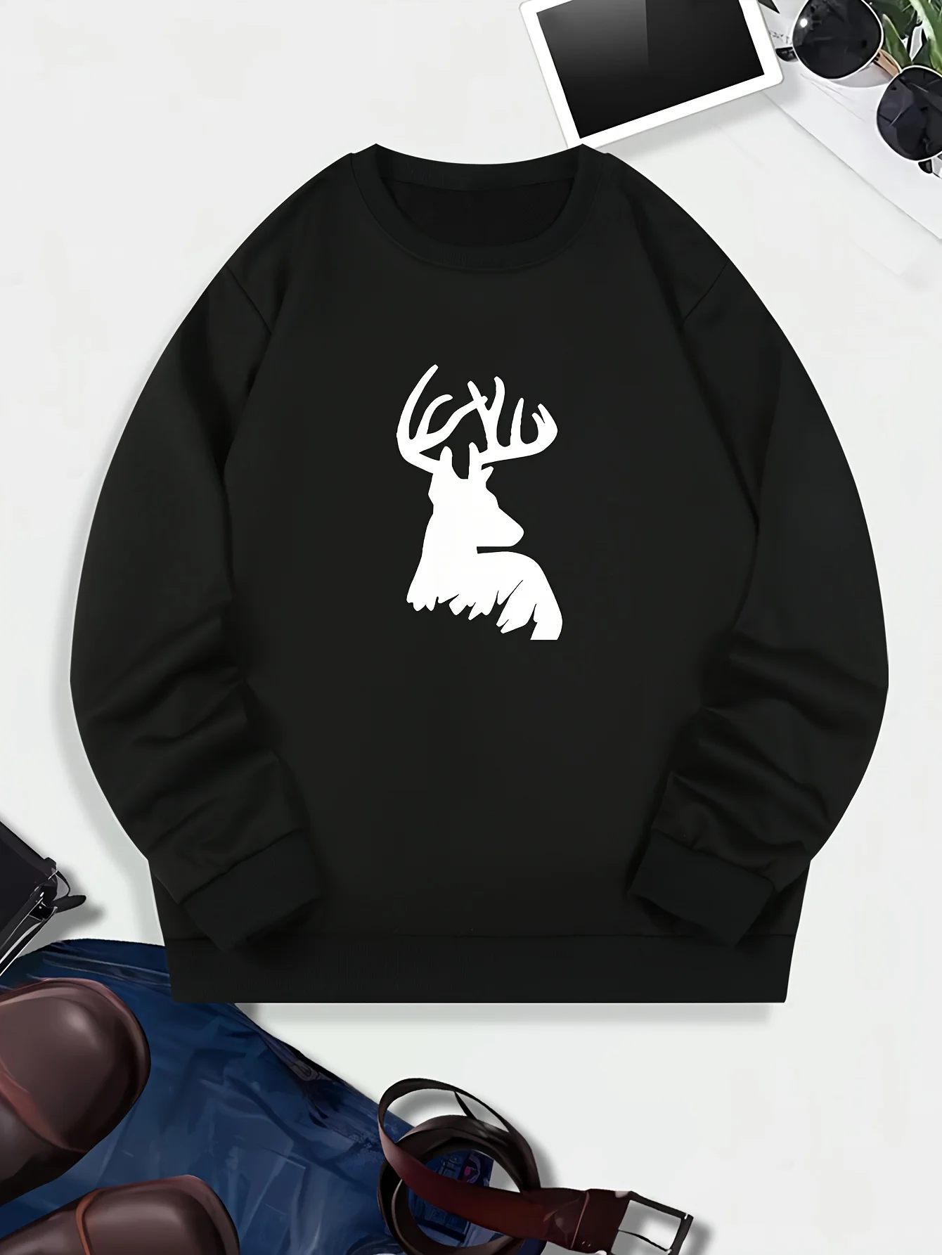 Men'S Deer Print Crew Neck Sweatshirt, Casual Loose Fit Long Sleeve Top, 100% Polyester Knit Fabric, Slight Stretch