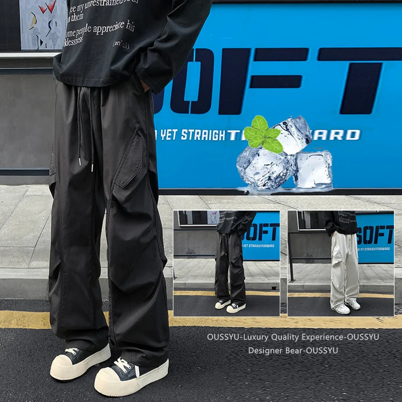 Brand Clothing Men's Outdoor Waterproof Wrinkle Patchwork Cargo Pants Baggy Straight Leg Multi-Pocket Hiking Trekking Sweatpants