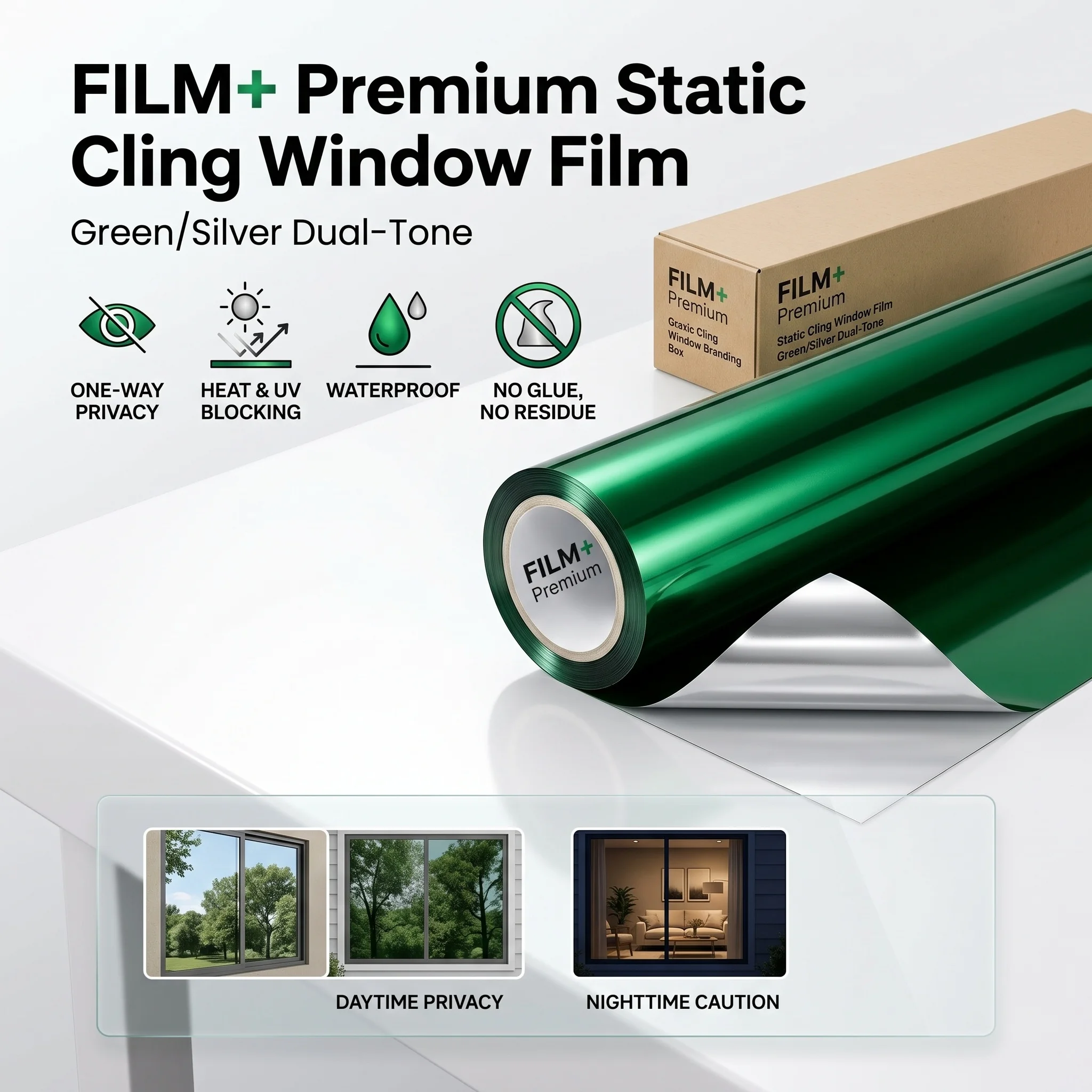One‑Way Mirror Static Cling Window Film Green Face Silver Back Day Privacy Sun Heat Block Non‑Adhesive Removable Window Tint for