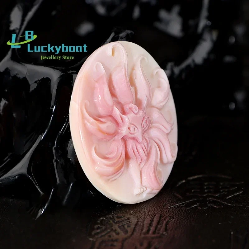 Natural Queen Shell Carved Fox Pendant Pink