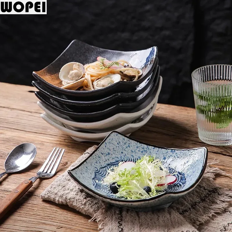 Retro Ceramic Bowl Restaurant Salad Bowl Dessert Snack Bowl Service Dish Irregular Four Corner Bowls Molecular Cuisine Tableware