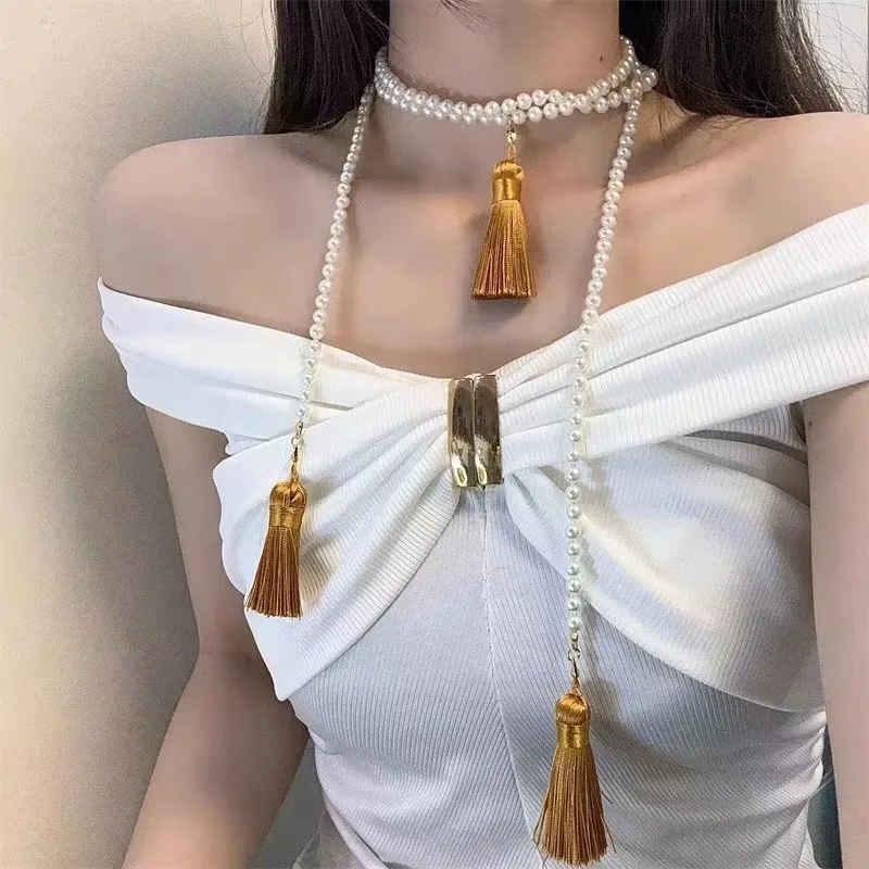 حزام نسائي أنيق على الطراز الصيني مع شرابات لؤلؤية، وسلسلة خصر هانفو ذات ملمس جميل وملمس راقي