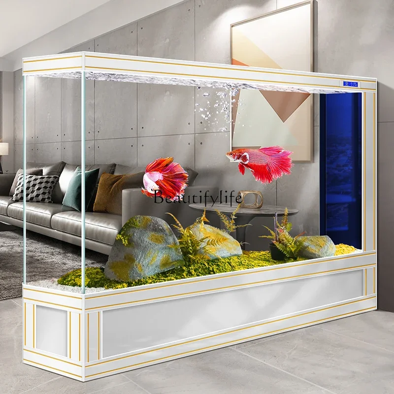 Light luxury European floor-to-ceiling living room large fish tank ecological screen partition ultra-white glass tank