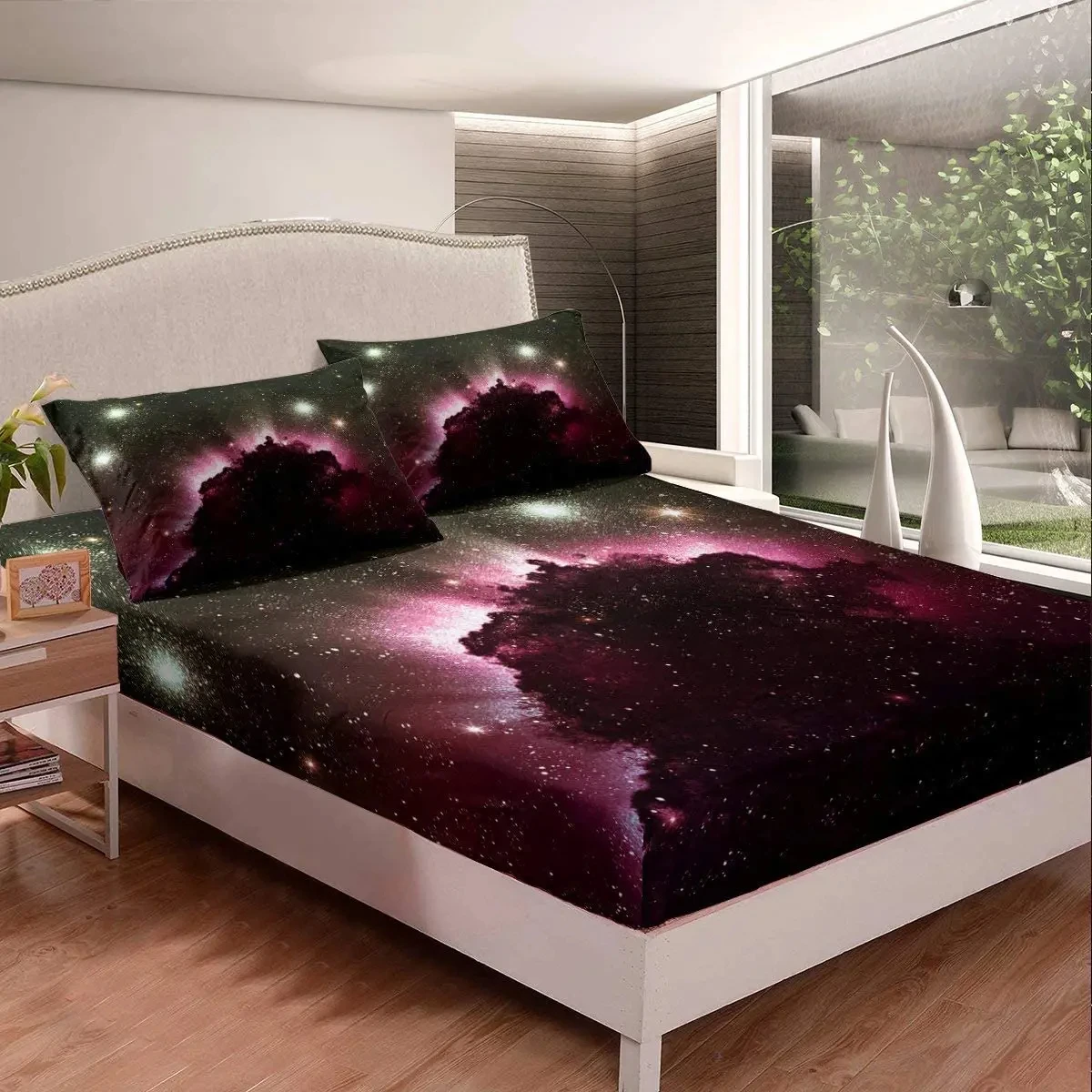 Aurora Fitted Sheet Purple Galaxy Starry Sky Cosmos Bedding Set for Adult Trippy Mysterious Outer Space Bottom Sheet Universe