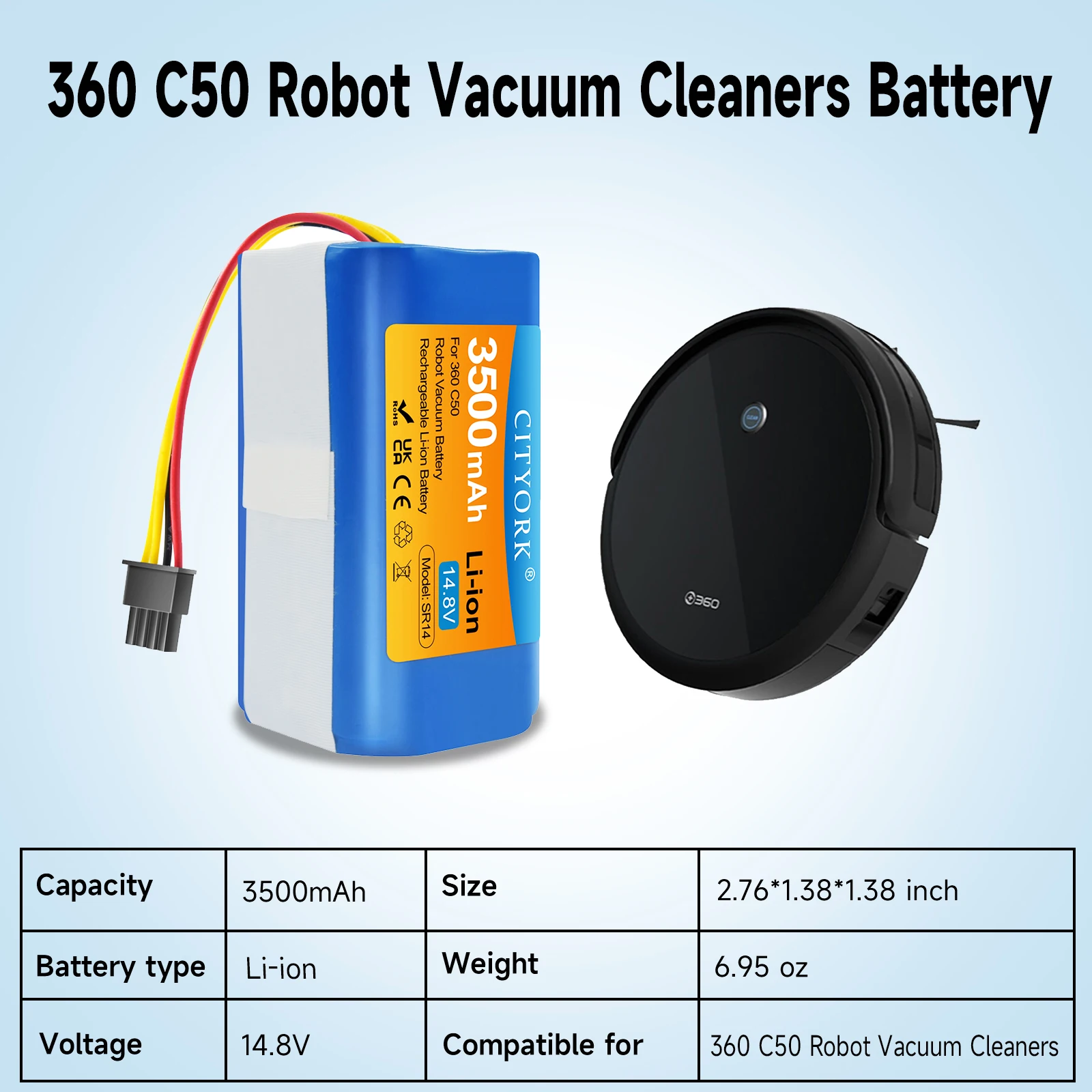 CITYORK 14.8v 3500mAh Replacement Battery For 360 C50 Robotic Vacuum Cleaner Replacement Batteries Spare Parts 360 c50 Battery