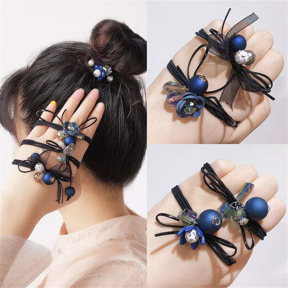 6Pcs/Set  Flower Ball Crystal Ribbon Hair Bands Ring Women Girl Elegant Elastic  Ponytail Holders Scrunchies Females Hair Ropes