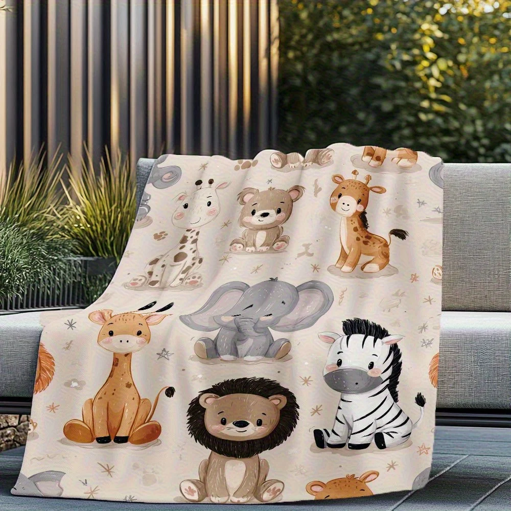 1pc Digital Print Cute African Animal Flannel Blanket - Featuring Vibrant Giraffes, Zebras, Lions, Bears, and More, Soft and Lig
