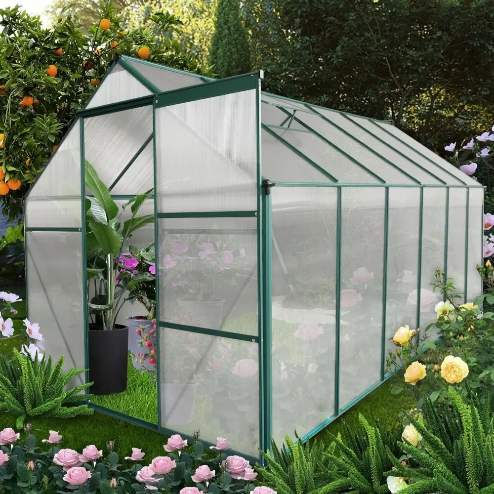 

6x12 FT Greenhouse Outdoor Polycarbonate Hot House,Garden Plants Houses with Raised Base,Sliding Door and Adjustable Vent Roof