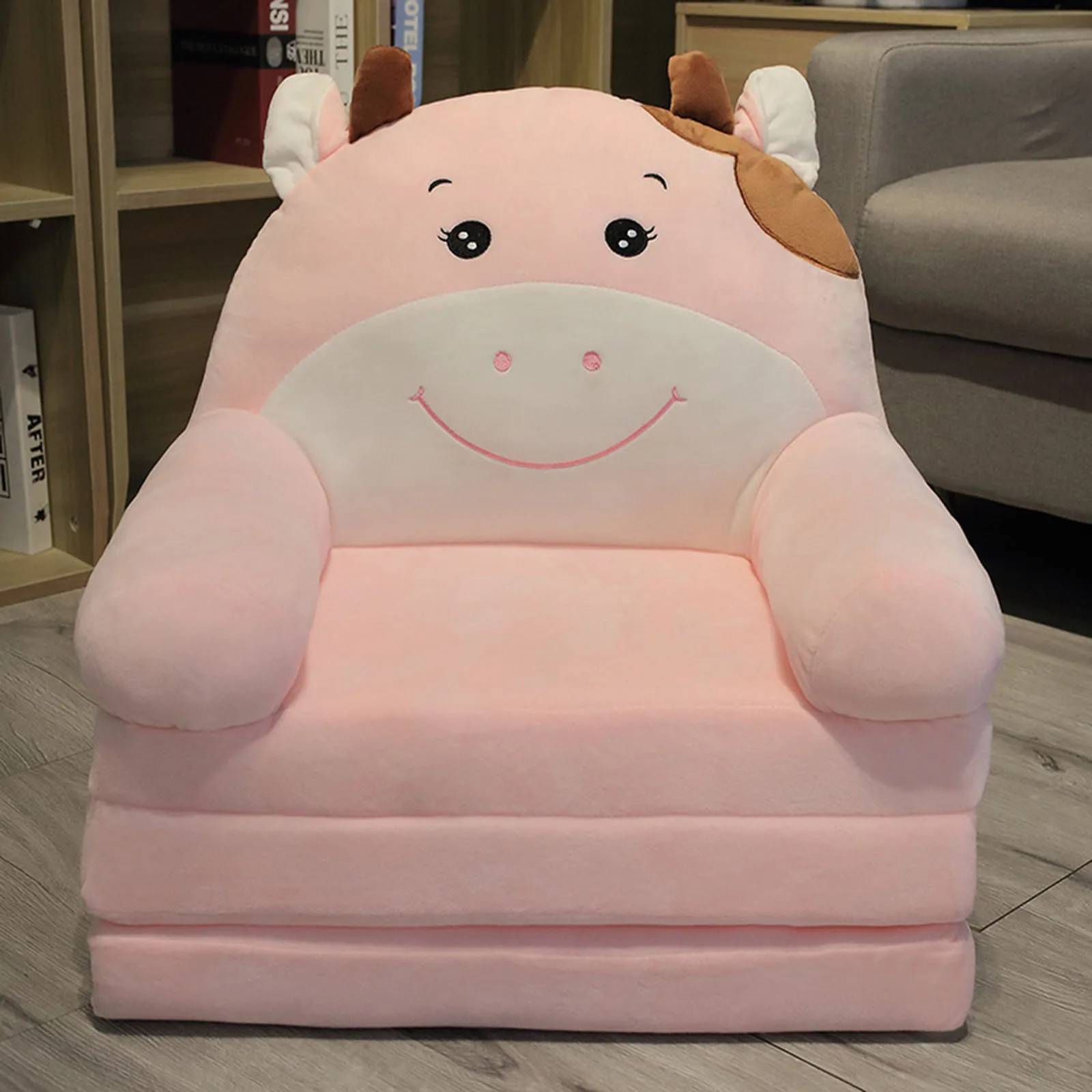 Pluche Opvouwbare Kinderbank Rugleuning Fauteuil 2-in-1 Kleine Kinderzitje Leuke Cartoon Luie Slaapbank voor Woonkamer Geen voeringvuller