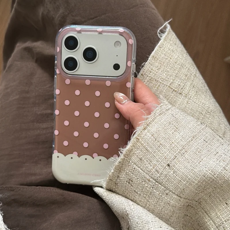 Dustproof Stitching Pink-Brown IMD Phone Case for iPhone 17, 16, 15, 14, 13, Pro, Promax