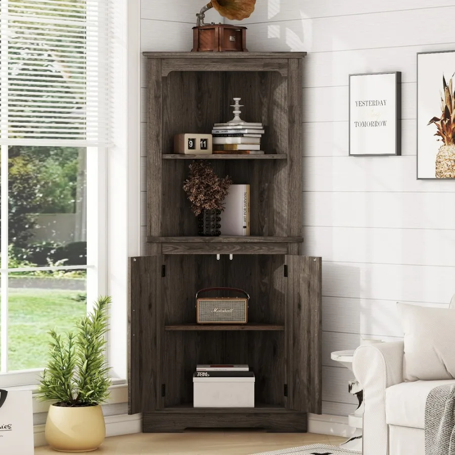 Tall Corner Cabinet with Doors for living room, bathroom,Dining Room or Kitchen,color:Dark walnut