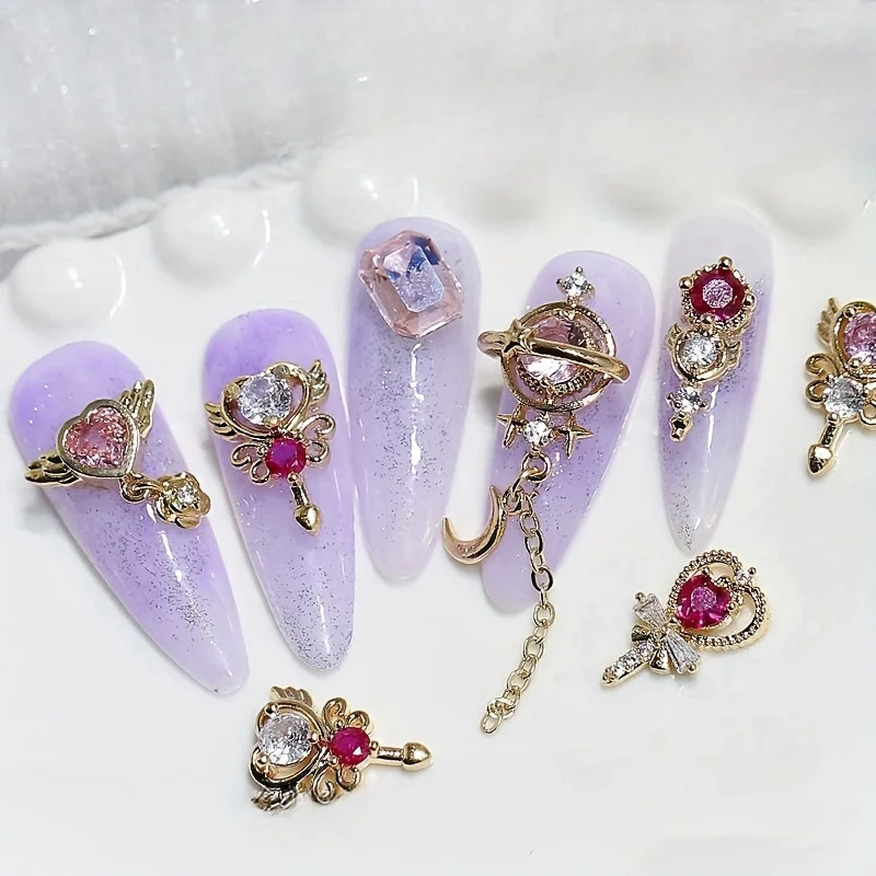 5 Pcs Zircon Pink Nail Charms Wholesale Luxury Diamond Inlaid 3D Bow Heart Butterfly Nail Charms Chain Manicure Accessories